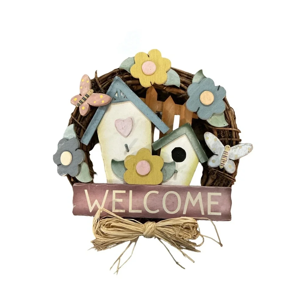 Vintage Grapevine Wreath Welcome Sign Birdhouse Butterfly Flower Rustic 13x13